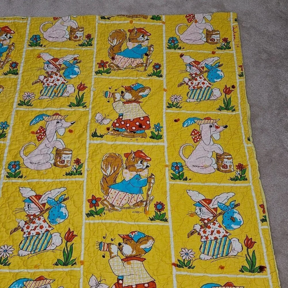 VTG Handmade Yellow Blanket Anthropomorphic Animal Dog Bunny Squirrel 40x48 READ